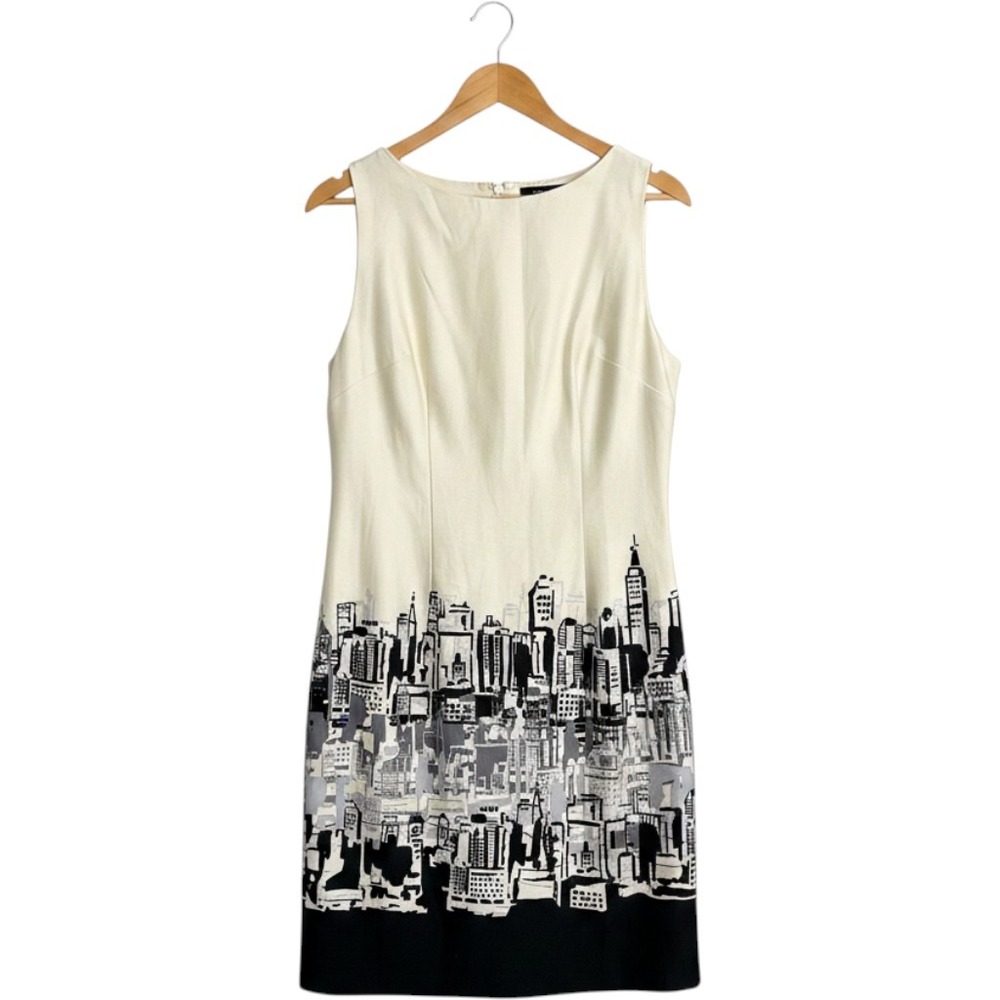 Chetta B Sheath Dress Women 8 Cream Black NYC Skyline Print Sleeveless Cotton